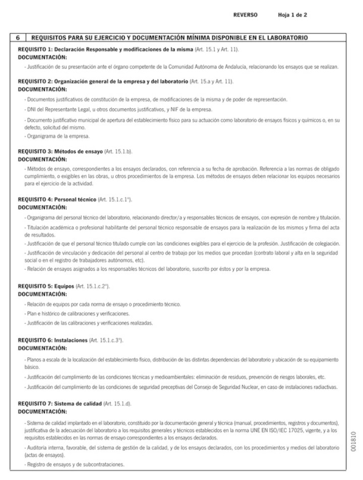 DECLARACIÓN RESPONSABLE RELATIVA AL CUMPLIMIENTO DE LOS REQUISITOS PARA EL EJERCICIO DE LA ACTIVIDAD COMO LABORATORIO DE ENSAYOS DE CONTROL DE CALIDAD DE LA CONSTRUCCIÓN Y OBRA PÚBLICA (Reverso, Hoja 1 de 2)