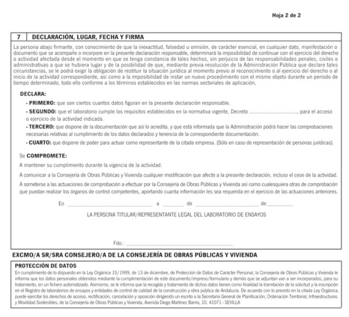 DECLARACIÓN RESPONSABLE RELATIVA AL CUMPLIMIENTO DE LOS REQUISITOS PARA EL EJERCICIO DE LA ACTIVIDAD COMO LABORATORIO DE ENSAYOS DE CONTROL DE CALIDAD DE LA CONSTRUCCIÓN Y OBRA PÚBLICA (Anverso, Hoja 2 de 2)