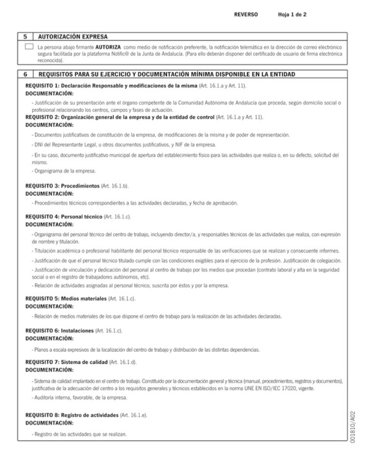 DECLARACIÓN RESPONSABLE RELATIVA AL CUMPLIMIENTO DE LOS REQUISITOS PARA EL EJERCICIO DE LA ACTIVIDAD COMO ENTIDAD DE CONTROL DE CALIDAD DE LA CONSTRUCCIÓN Y OBRA PÚBLICA (Reverso, Hoja 1 de 2)