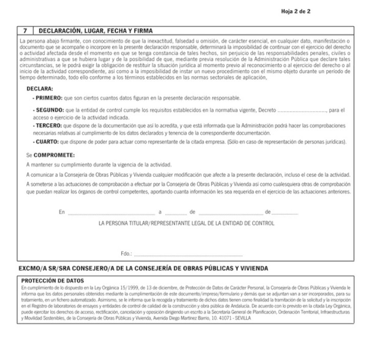DECLARACIÓN RESPONSABLE RELATIVA AL CUMPLIMIENTO DE LOS REQUISITOS PARA EL EJERCICIO DE LA ACTIVIDAD COMO ENTIDAD DE CONTROL DE CALIDAD DE LA CONSTRUCCIÓN Y OBRA PÚBLICA (Anverso, Hoja 2 de 2)