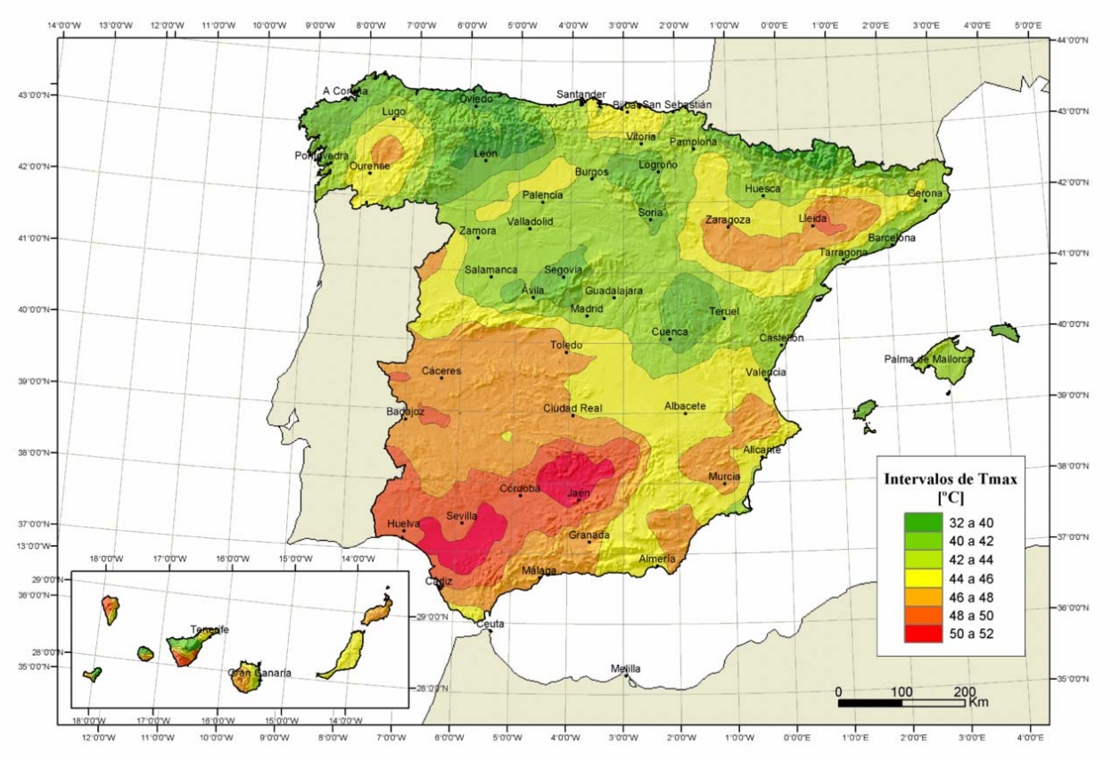Figura E.1 Isotermas de la temperatura anual máxima del aire (Tmax en °C)