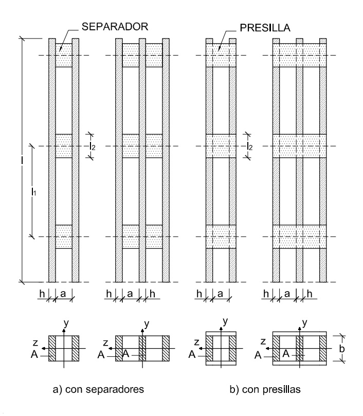 Soportes compuestos: a) con separadores. b) con presillas