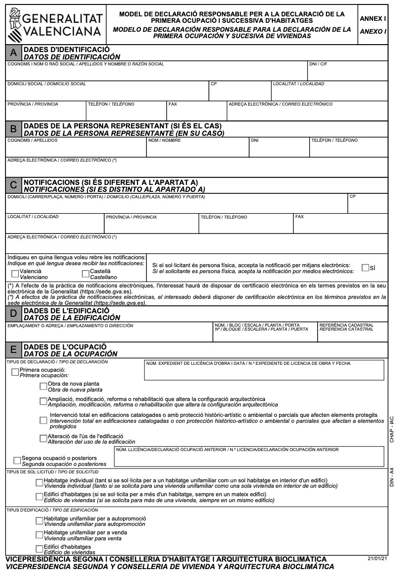 MODELO DE DECLARACIÓN RESPONSABLE PARA LA DECLARACIÓN DE LA PRIMERA OCUPACIÓN Y SUCESIVA DE VIVIENDAS (I)