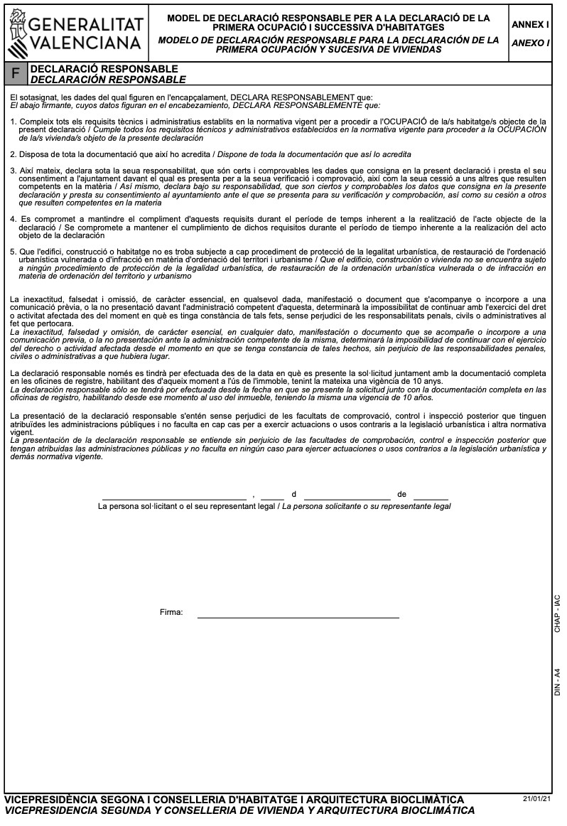 MODELO DE DECLARACIÓN RESPONSABLE PARA LA DECLARACIÓN DE LA PRIMERA OCUPACIÓN Y SUCESIVA DE VIVIENDAS (II)