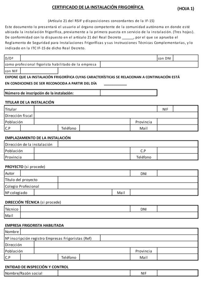 CERTIFICADO DE LA INSTALACIÓN FRIGORÍFICA (HOJA 1)