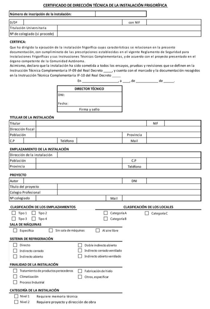 CERTIFICADO DE DIRECCIÓN TÉCNICA DE LA INSTALACIÓN FRIGORÍFICA