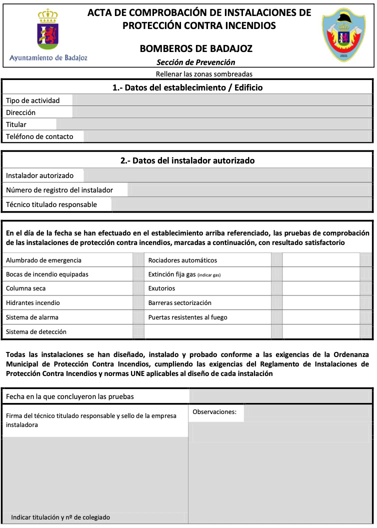 Acta de comprobación de instalaciones de protección contra incendios
