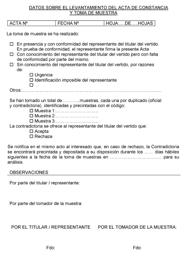 Datos sobre el levantamiento del acta de constancia y toma de muestra